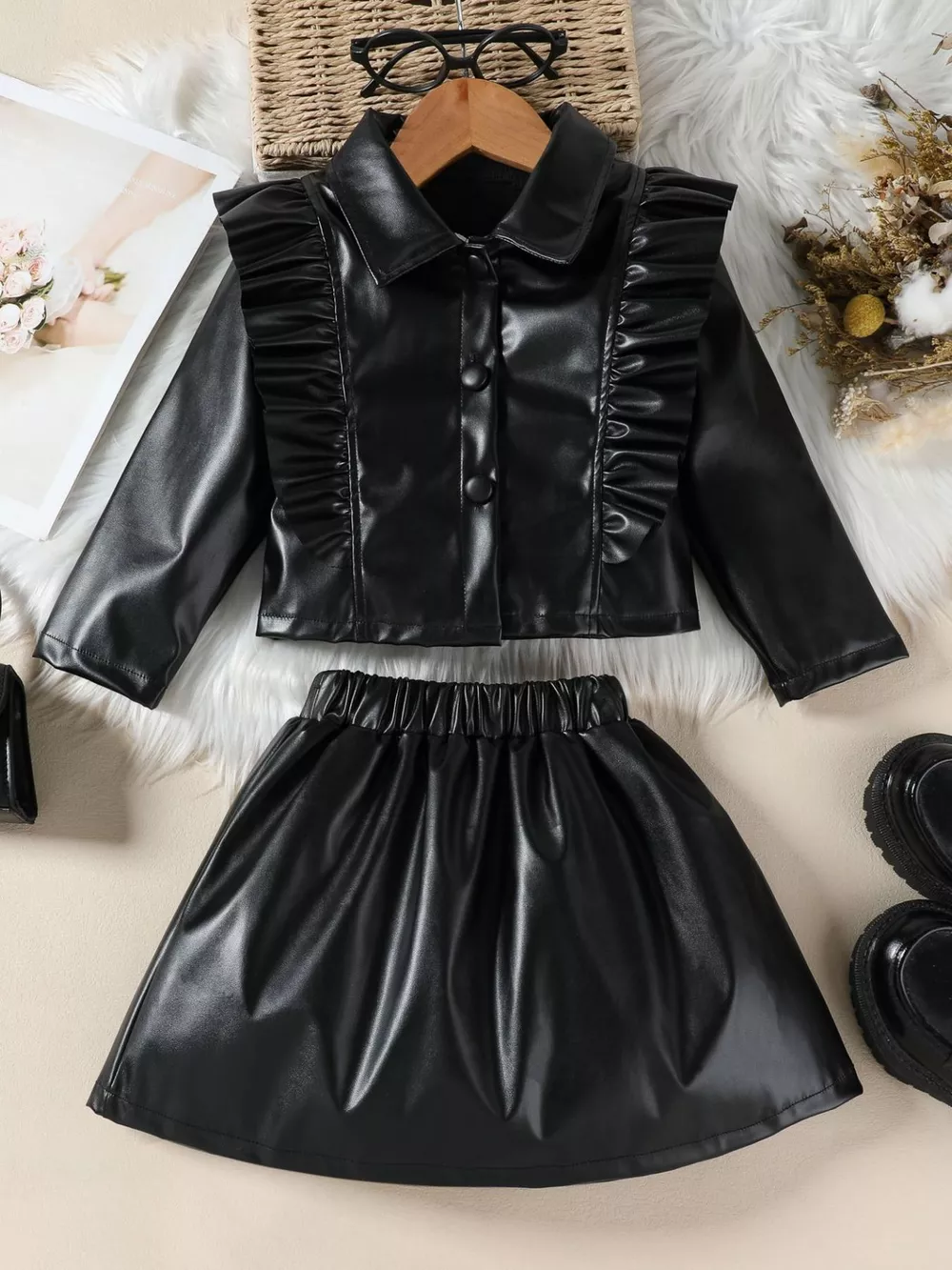 Children's Ruffled Faux Leather Top and Skirt Set