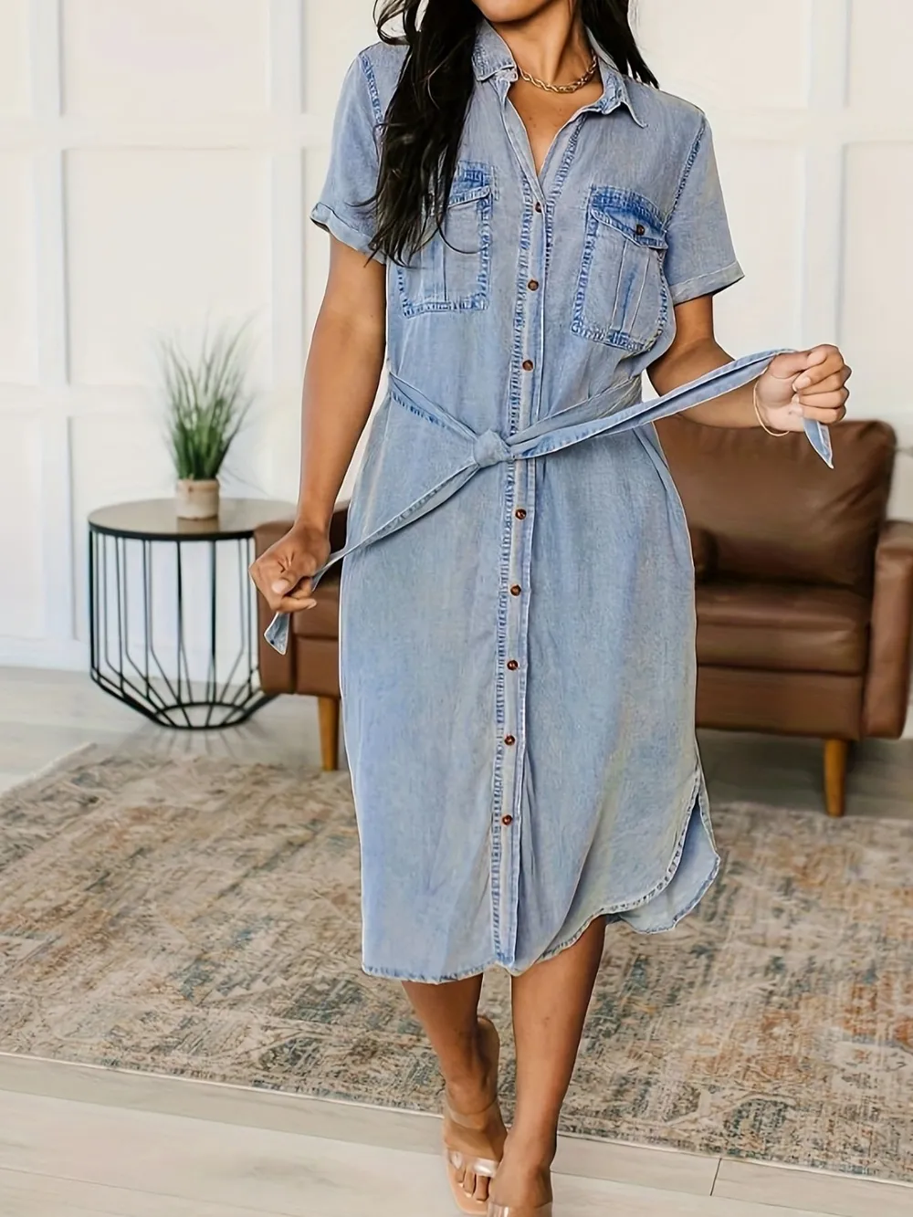 Button Front Short Sleeve Denim Dress, image 3