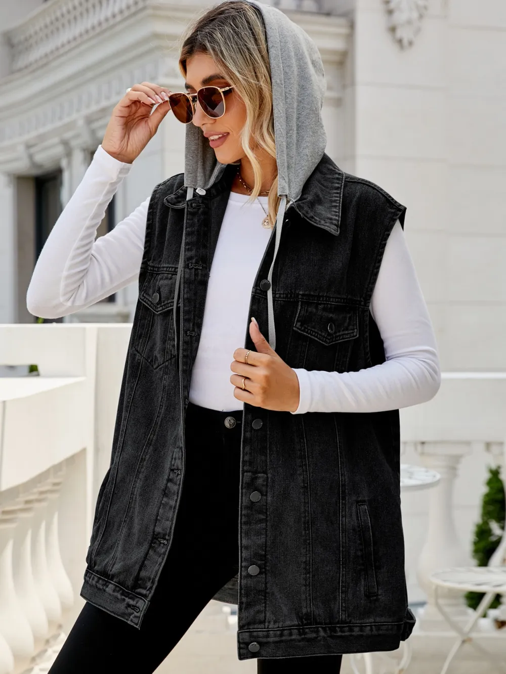 Drawstring Pocketed Button Up Sleeveless Denim Jacket, image 4