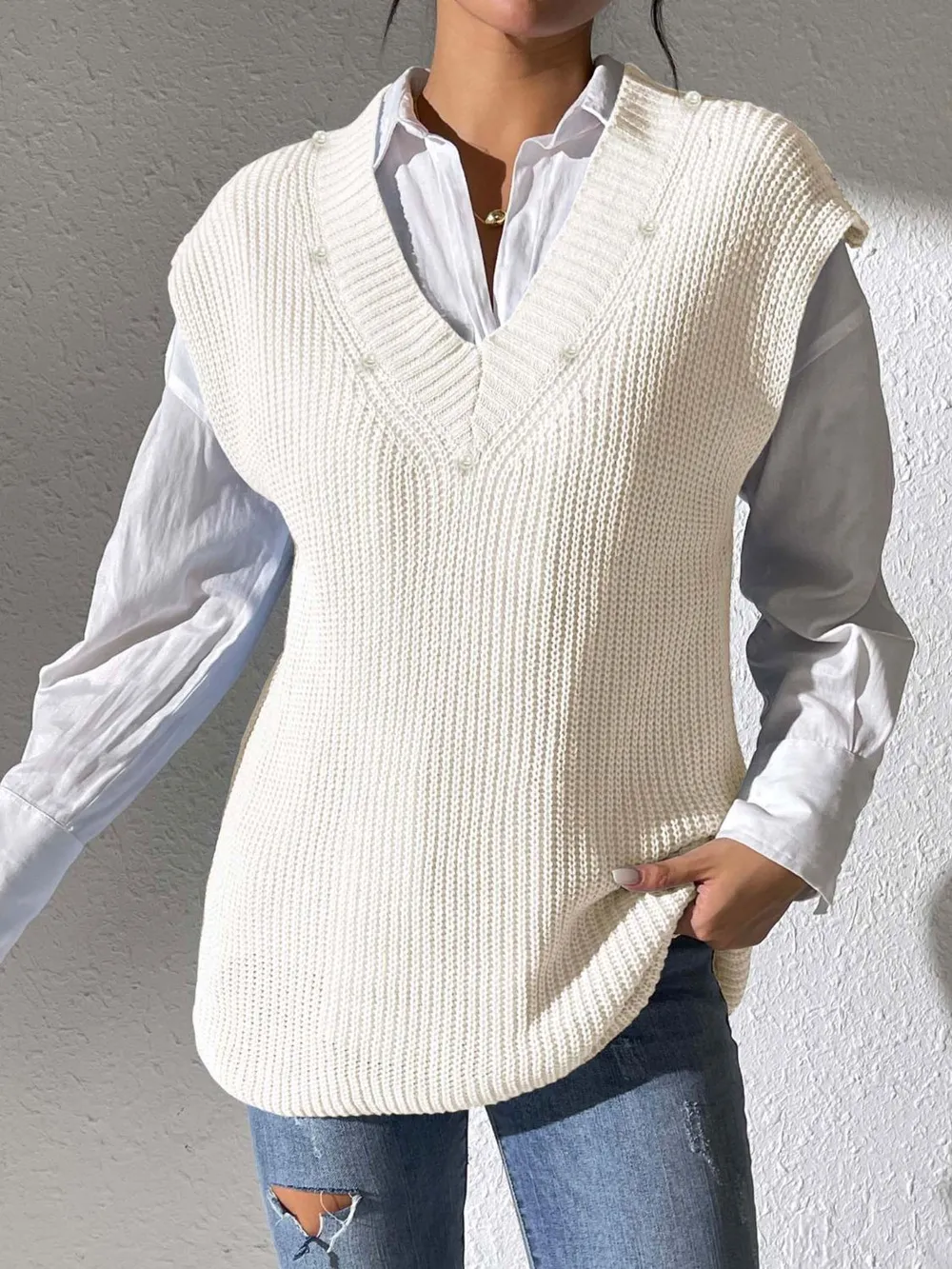 Pearl Trim V-Neck Sweater Vest, image 11