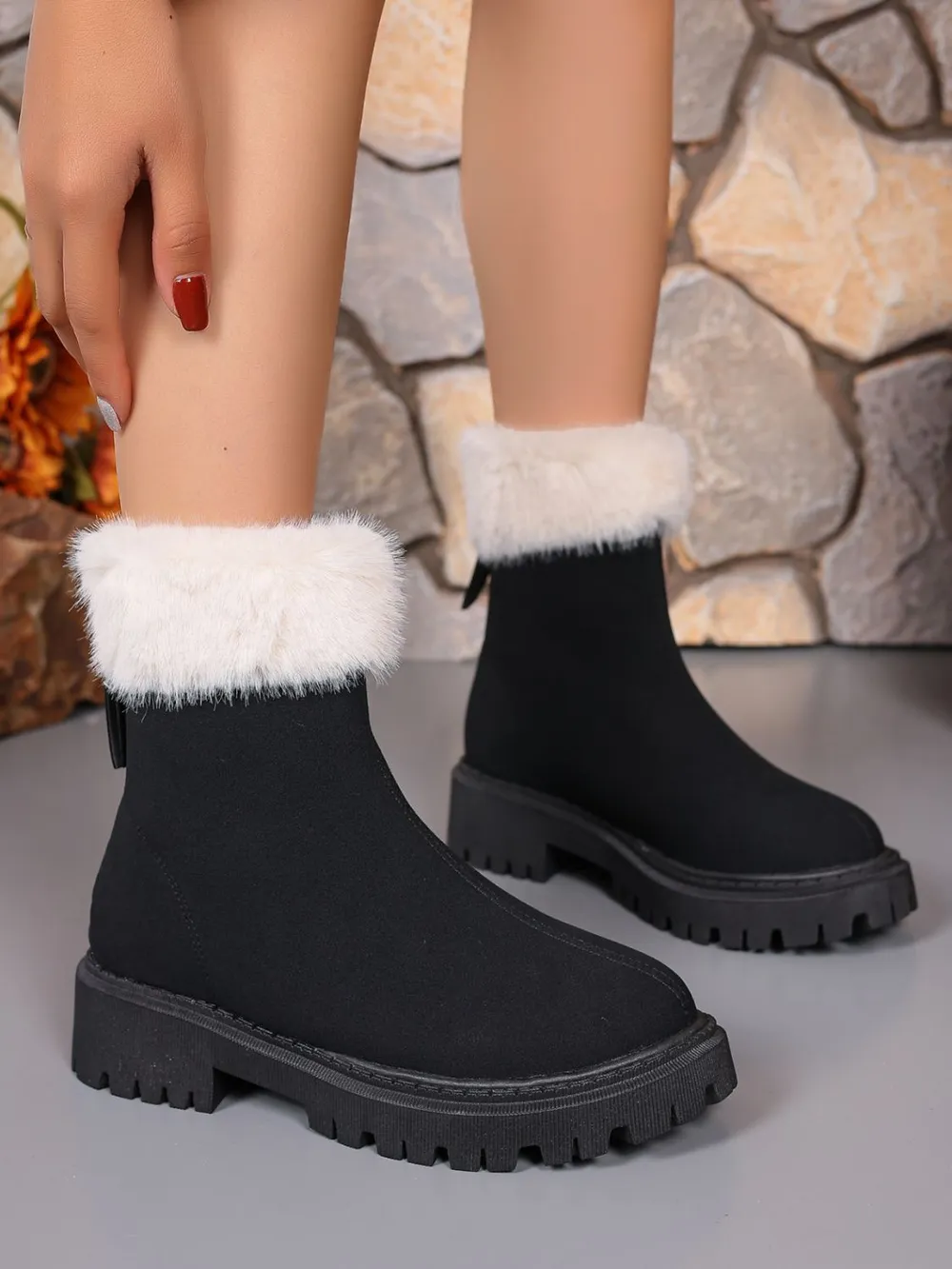 Faux Fur Trim Suede Platform Boots, image 9