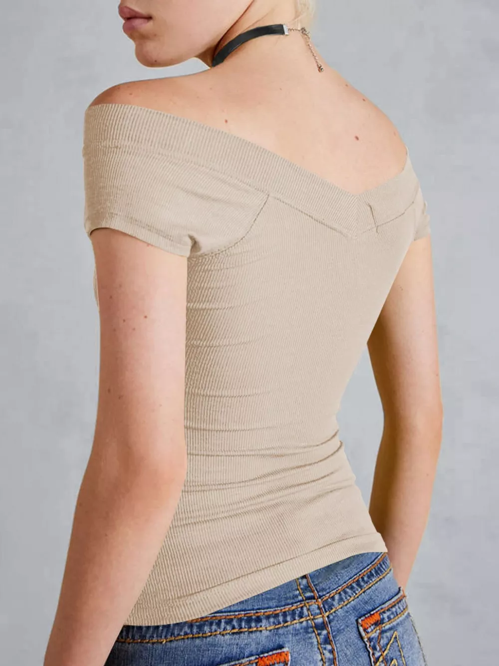 Ribbed V-Neck Cap Sleeve Fitted T-Shirt, image 5