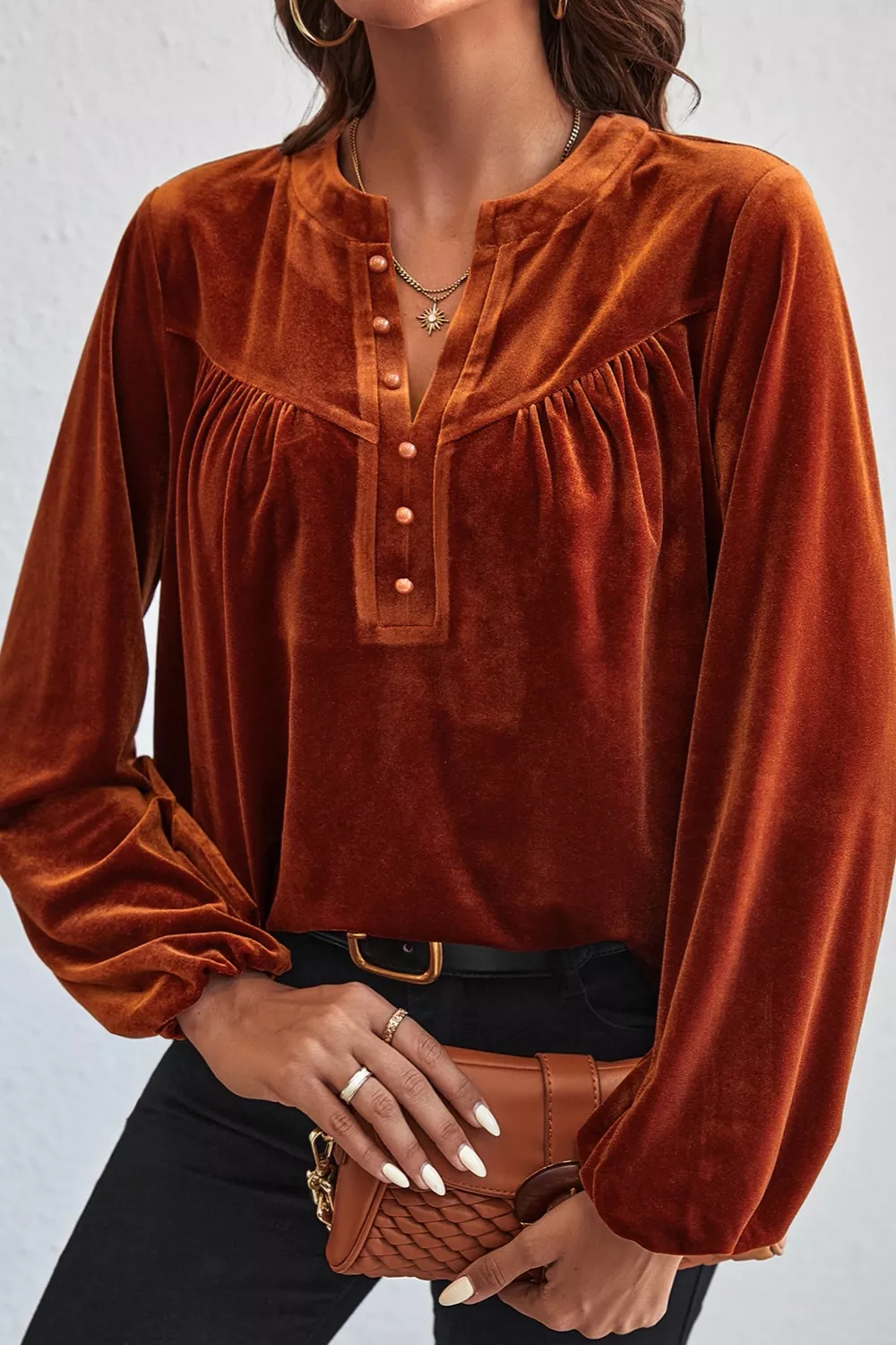 Velvet Button-Front Long Sleeve Blouse, image 5