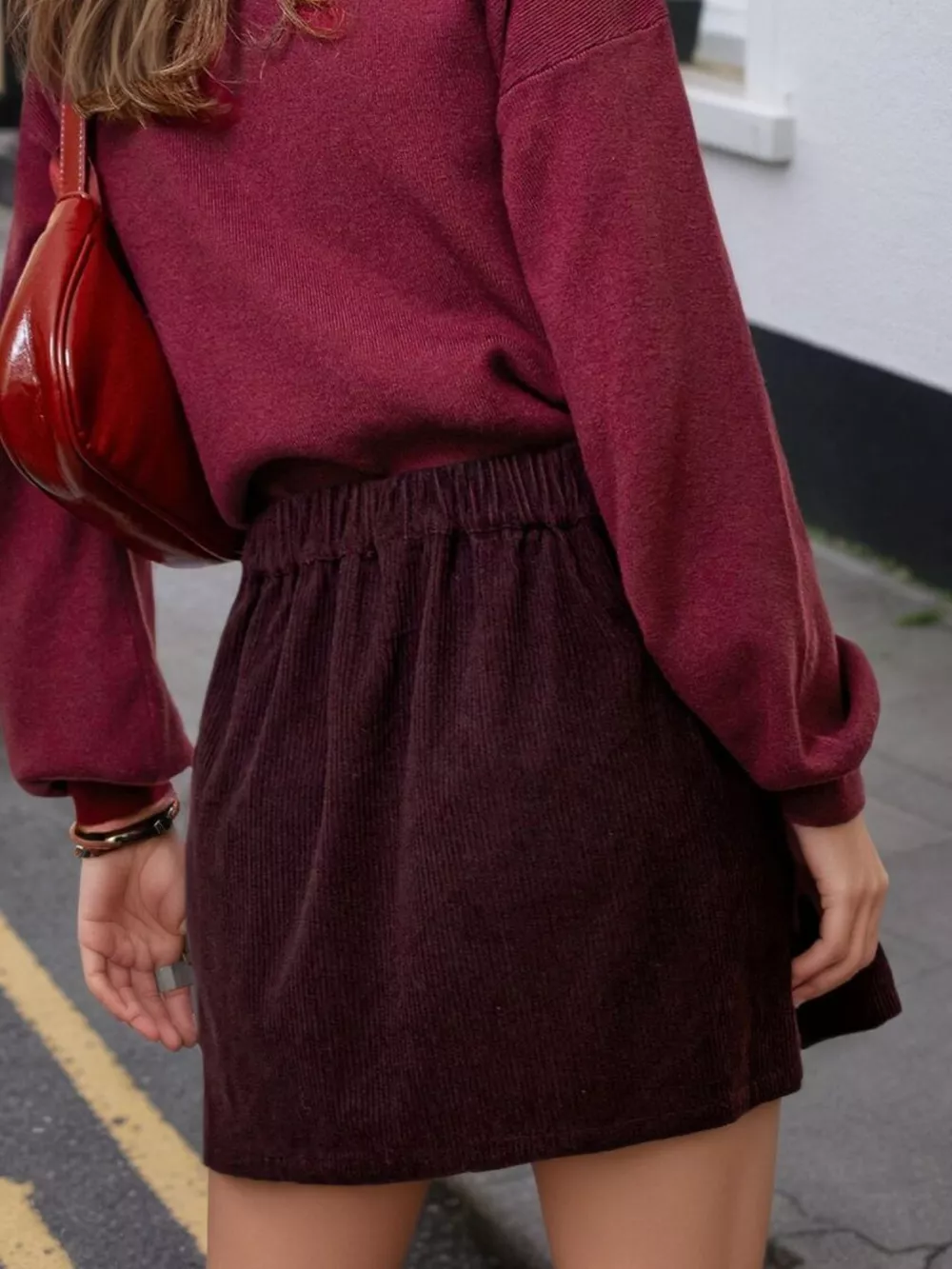 Christmas Outfit High-Waisted Corduroy Mini Skirt with Decorative Gold Buttons and Belt, image 4