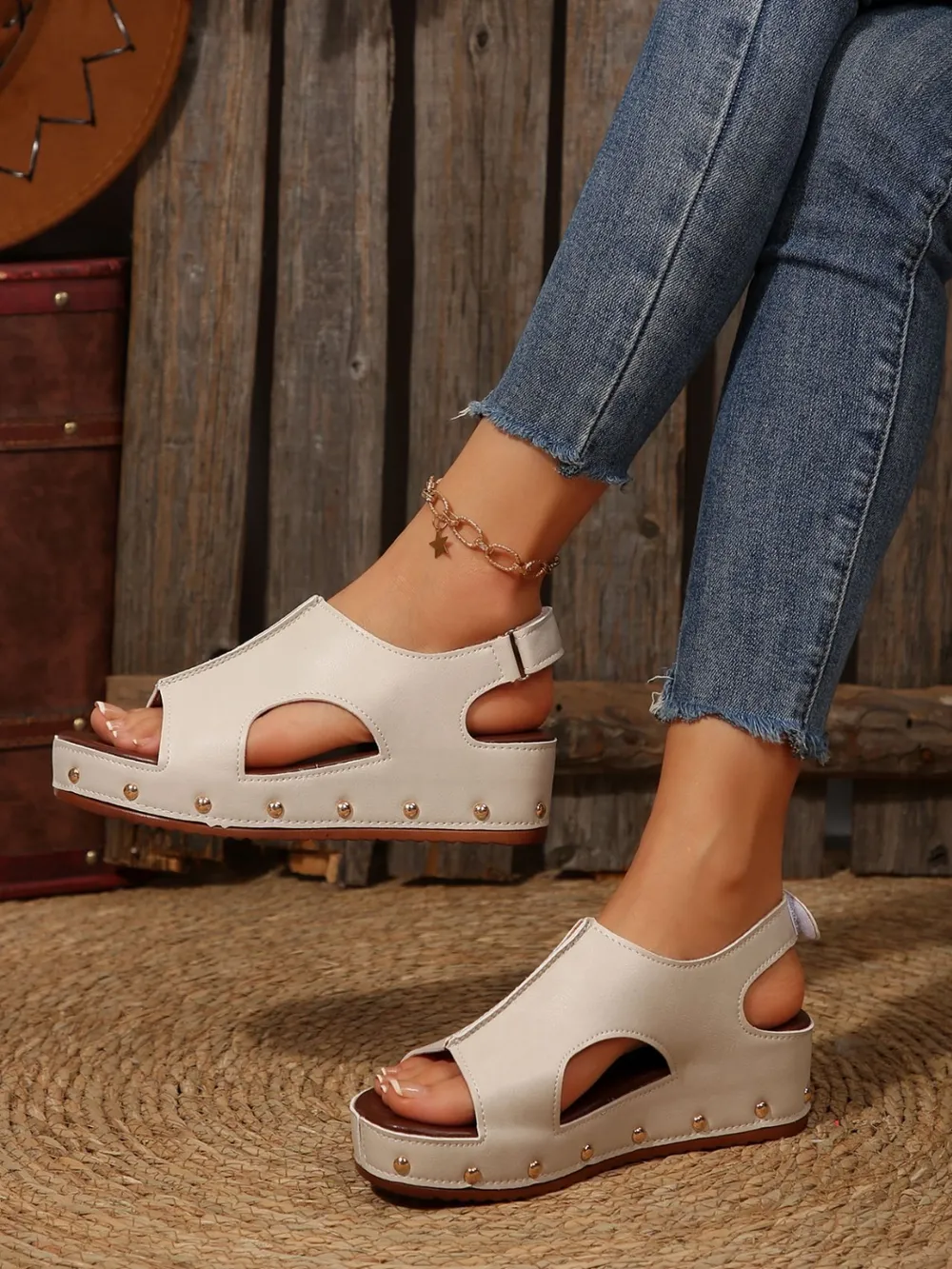 PU Leather Studded Wedge Sandals, image 4