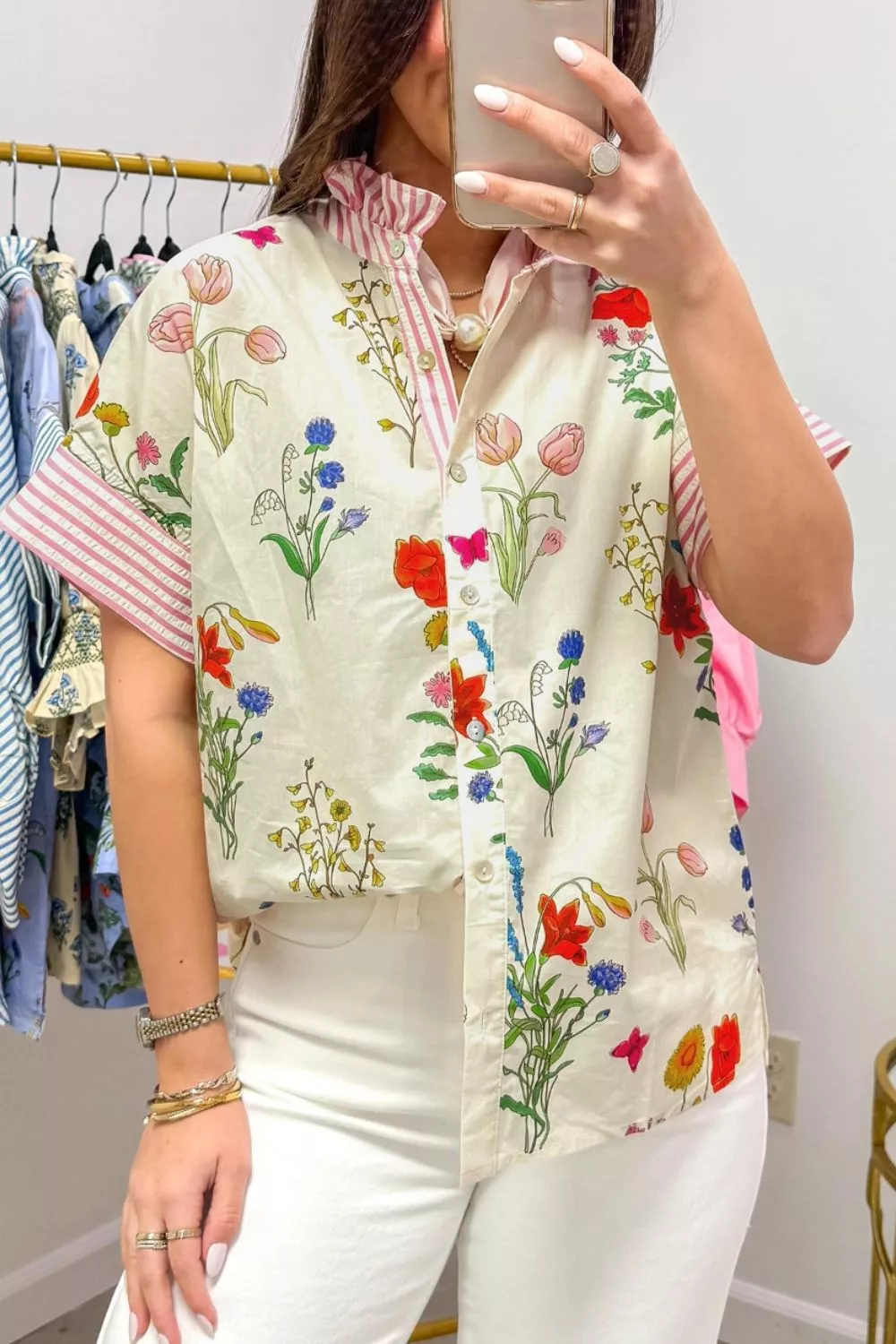 Floral Striped Patchwork Ruffled Collar Short Sleeve Shirt, image 5