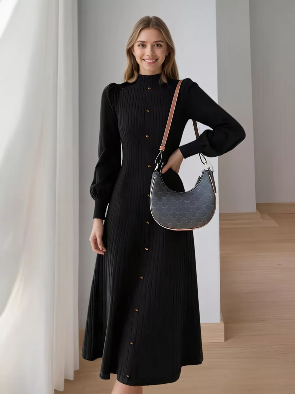 Ribbed Knit Mock Neck Midi Dress, image 5