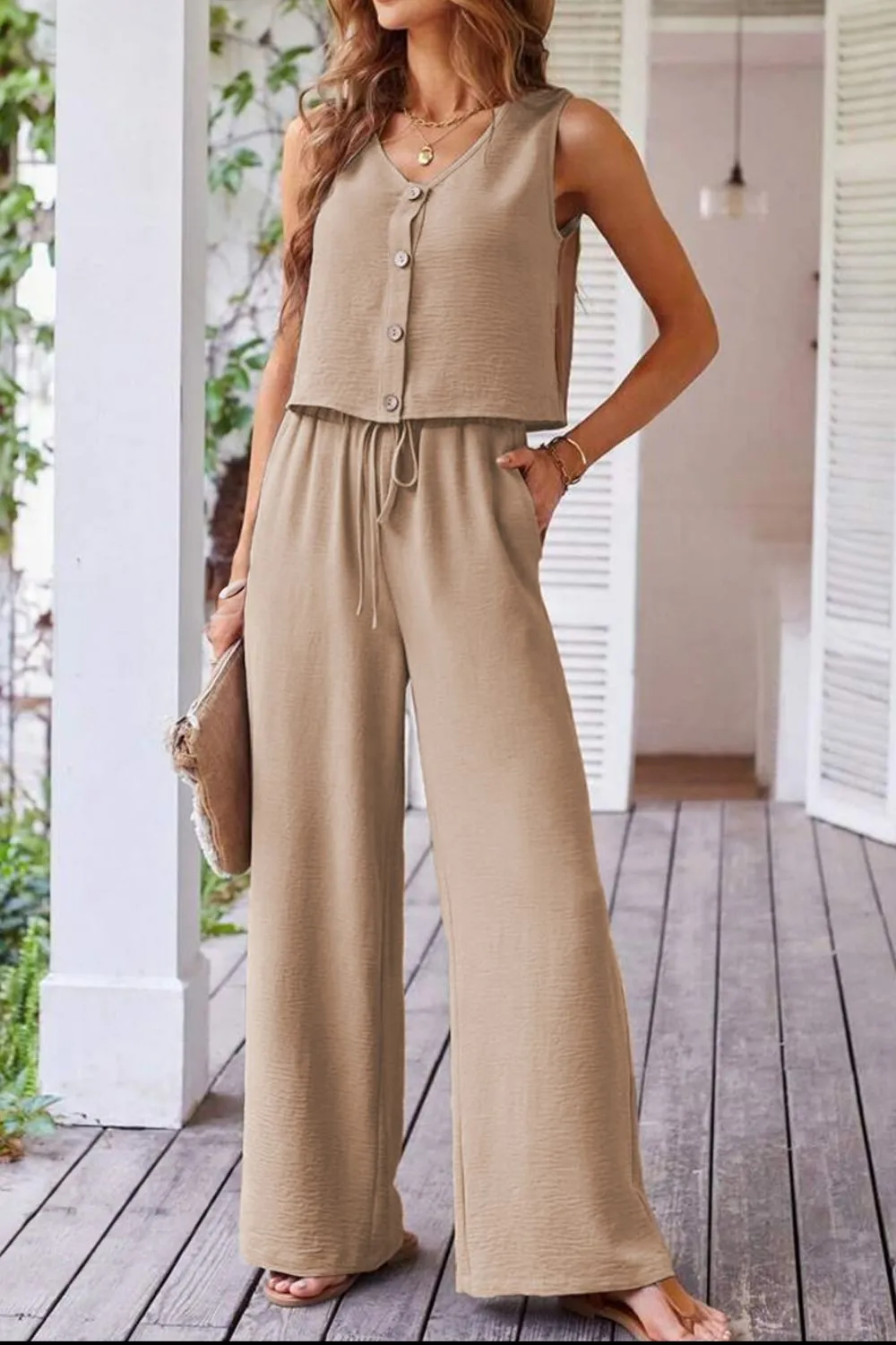 Button Down Vest and Drawstring Wide Leg Pants Set, image 7