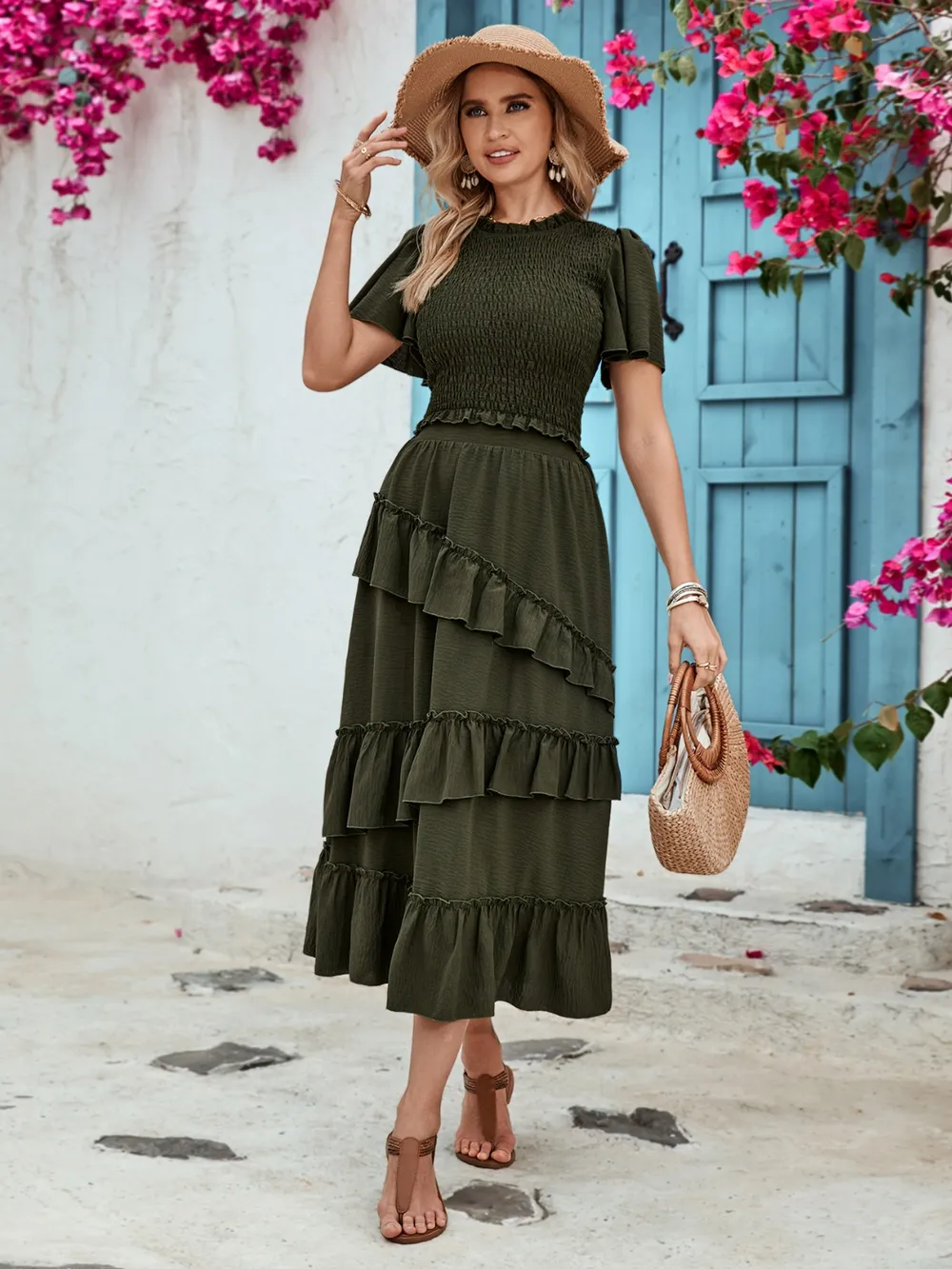 Ruffled Elastic Waist Midi Skirt, image 3