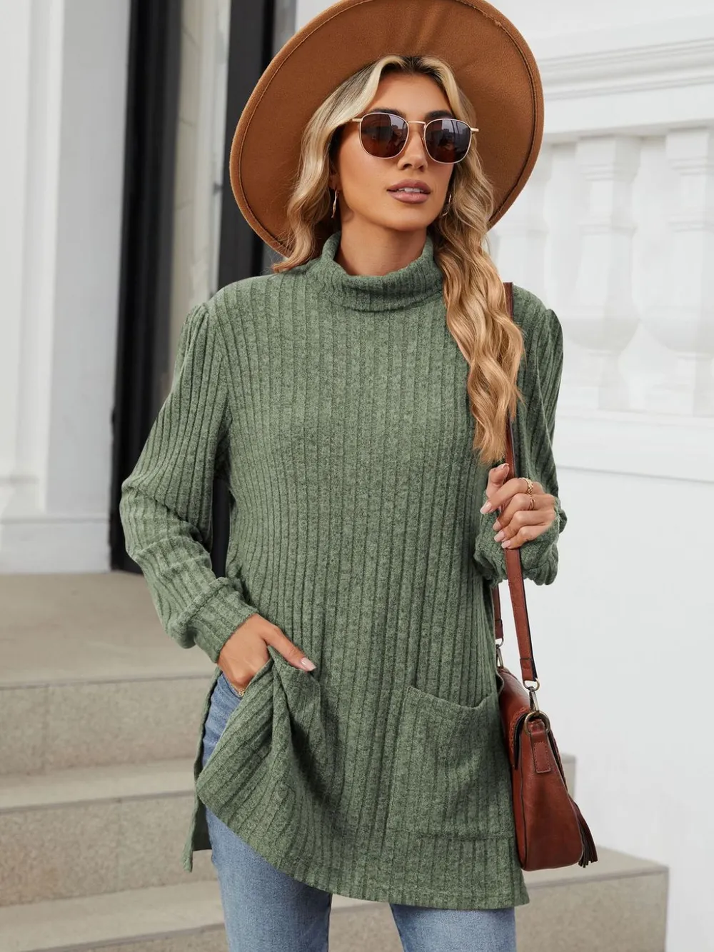 Slit Mock Neck Long Sleeve T-Shirt, image 7