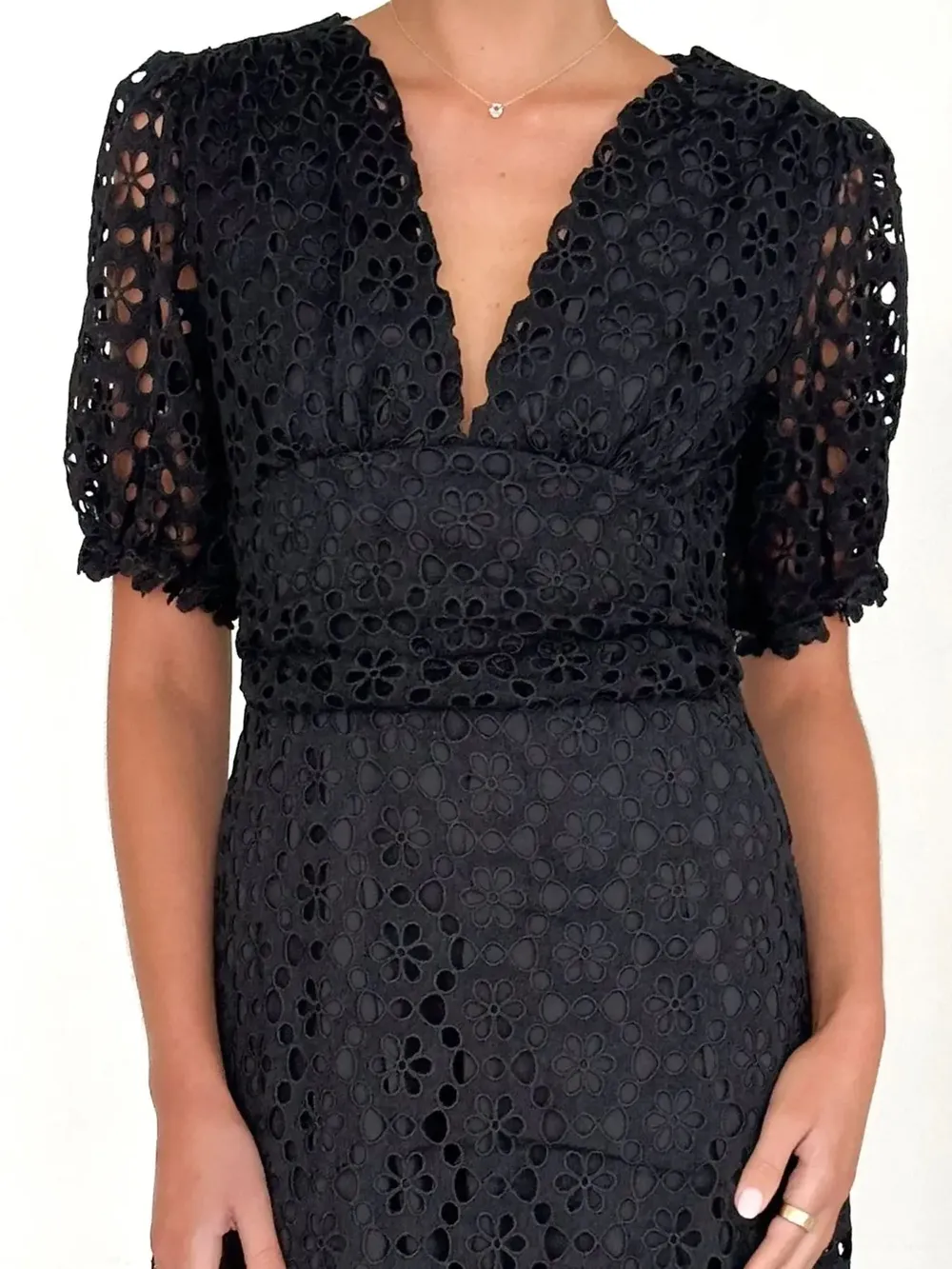 Eyelet Lace V-Neck Midi Dress with Puff Sleeves, image 4