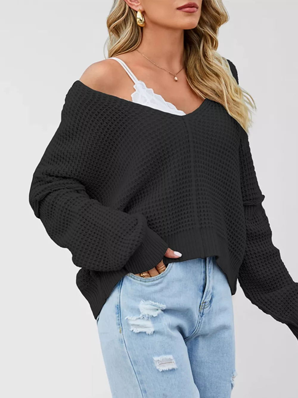 Waffle Knit Dropped Shoulder Sweater, image 7