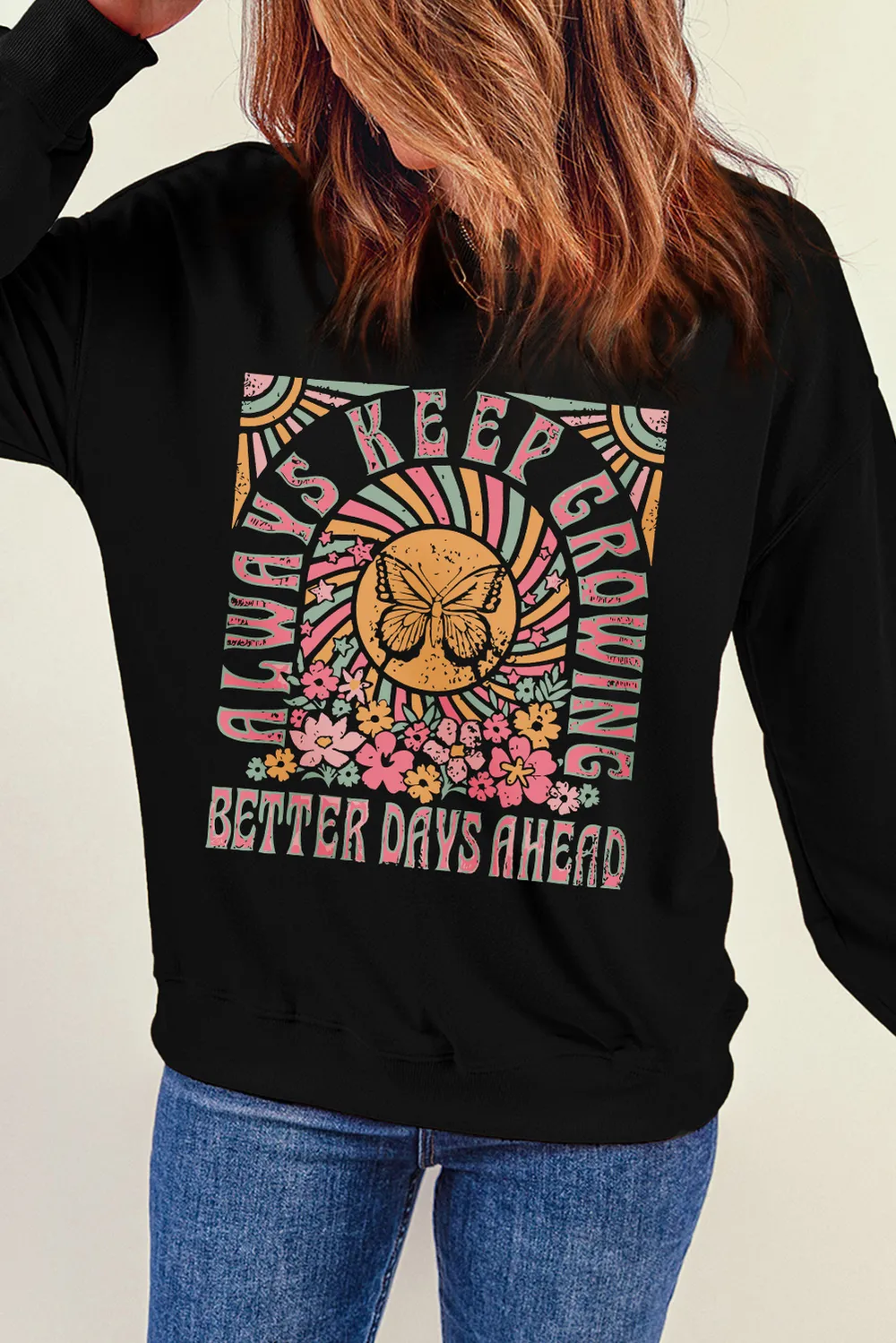 Graphic Round Neck Long Sleeve Sweatshirt, image 2