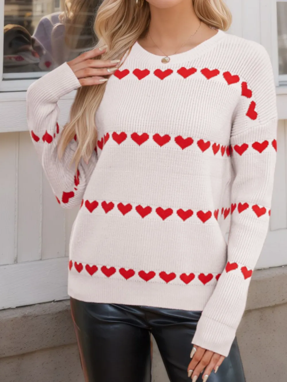 Heart Round Neck Long Sleeve Sweater, image 2