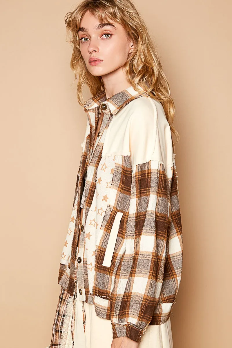 Plaid & Star Patchwork Contrast Long Sleeve Shacket, image 3