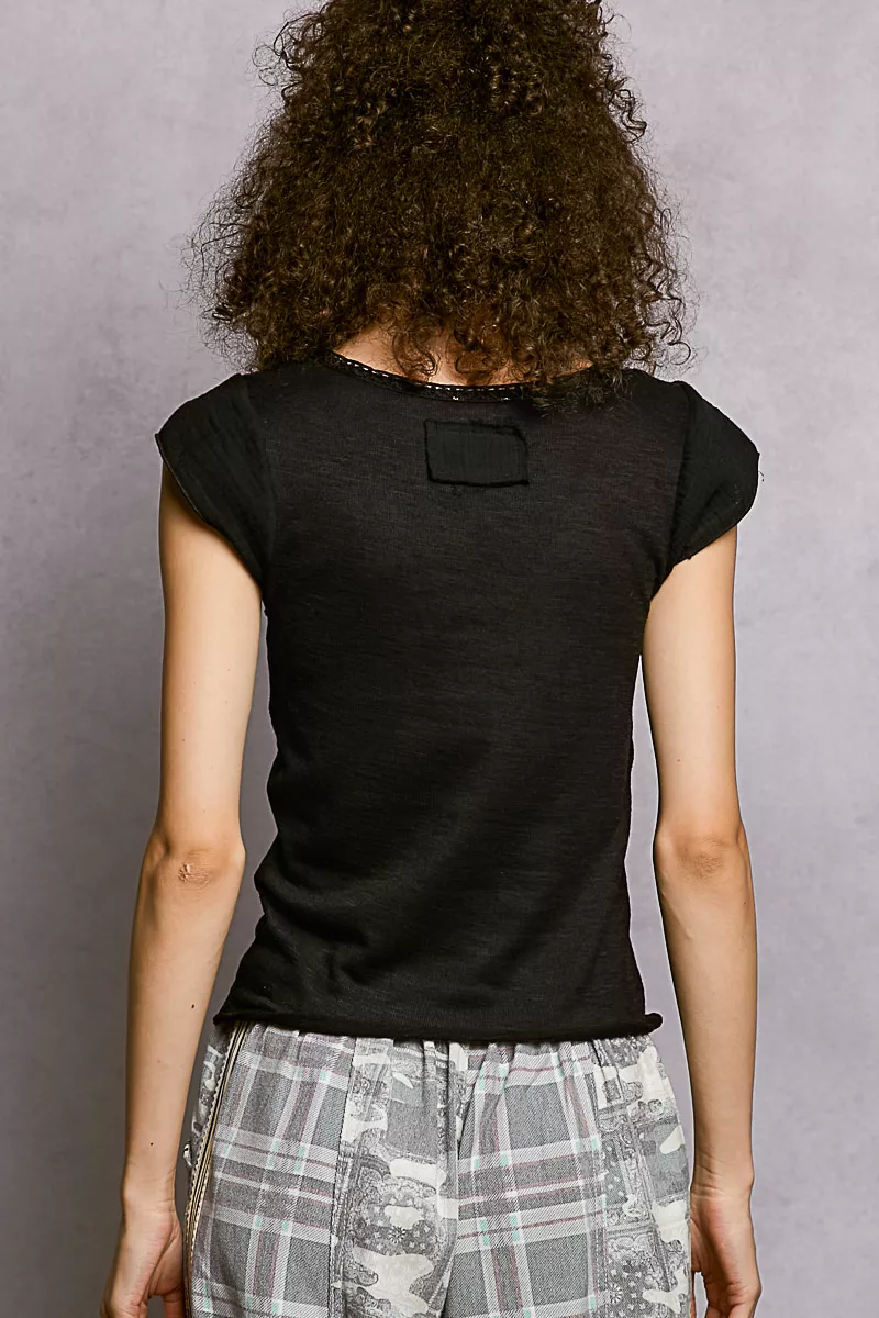 V-Neck Lightweight Textured Short Sleeve Knit Top with Lace Trim, image 3