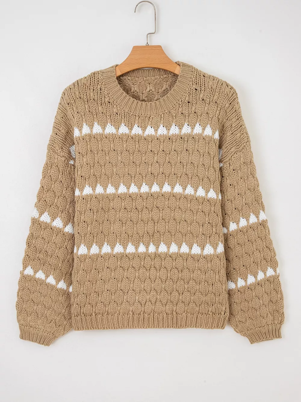 Contrast Detail Textured Knit Puff Sleeve Baggy Sweater, image 6