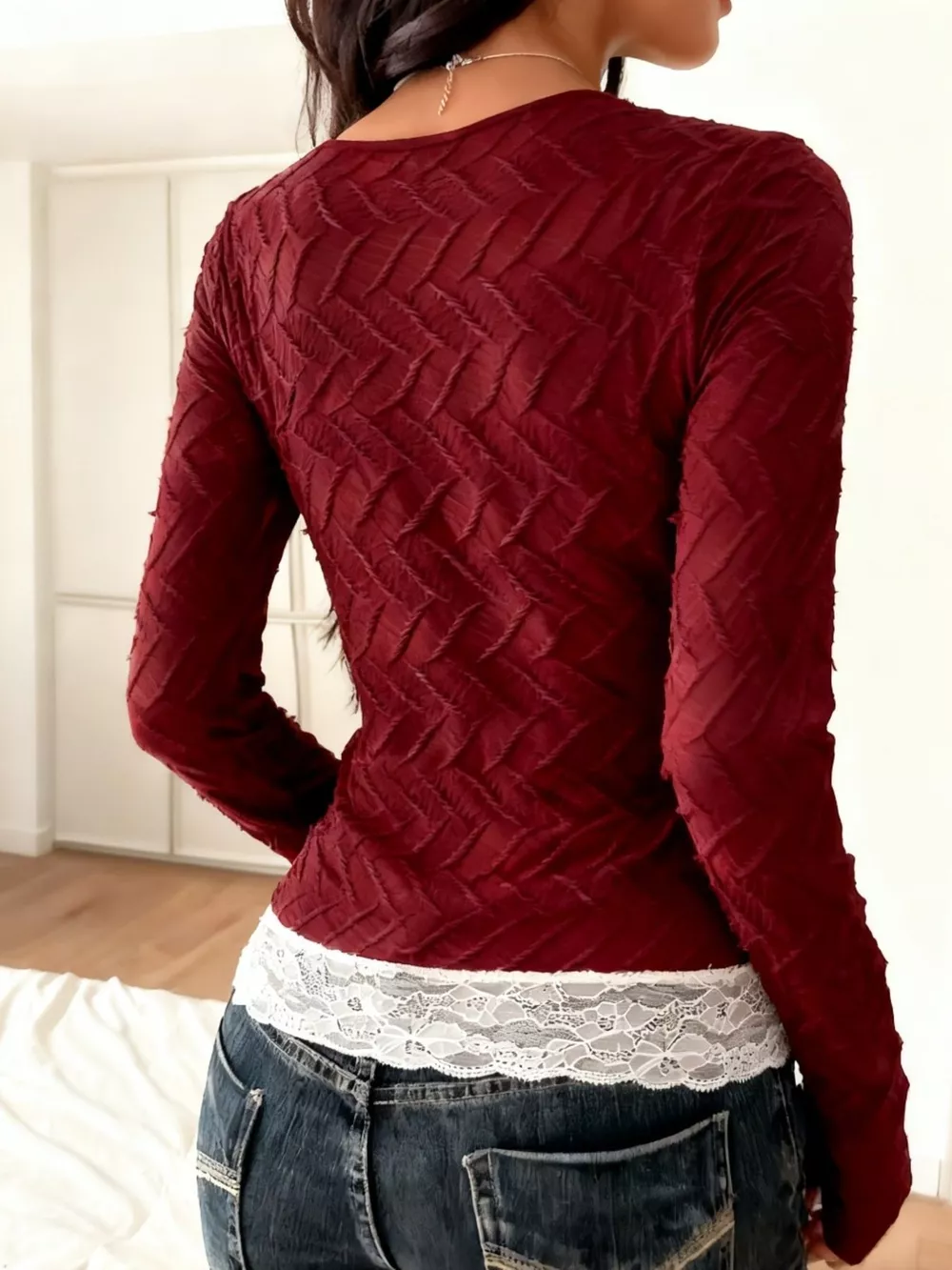 Square Neck Lace Trim Textured T-Shirt, image 13