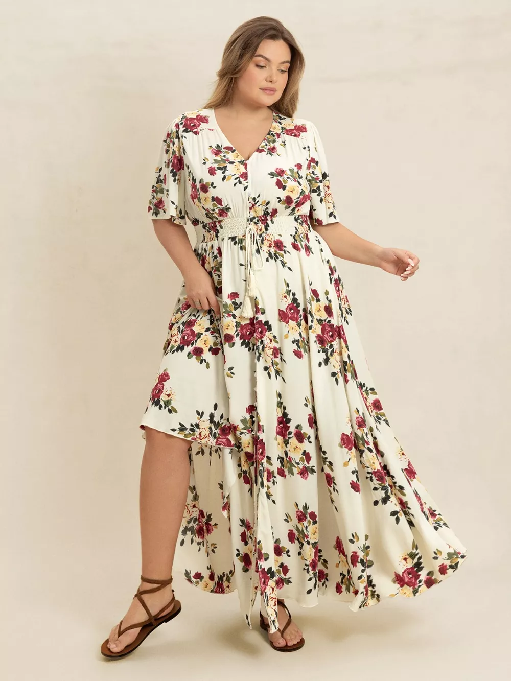Plus Size Floral Flutter Sleeve Maxi Dress with Button Front, image 2