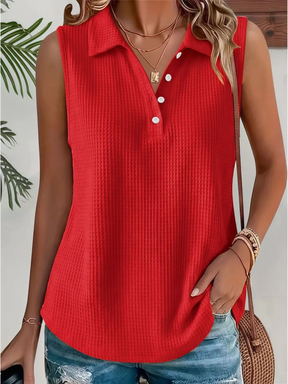 Full Size Waffle Knit Button Detail Sleeveless Top Plus Size, image 2