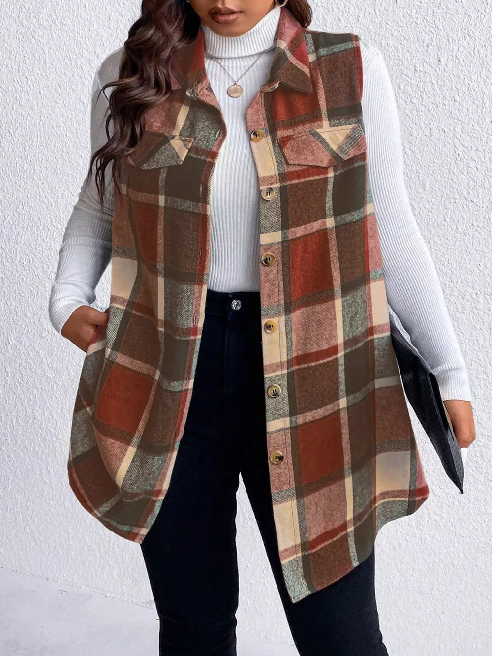 Plus Size Pocketed Plaid Button Up Vest Coat, image 9