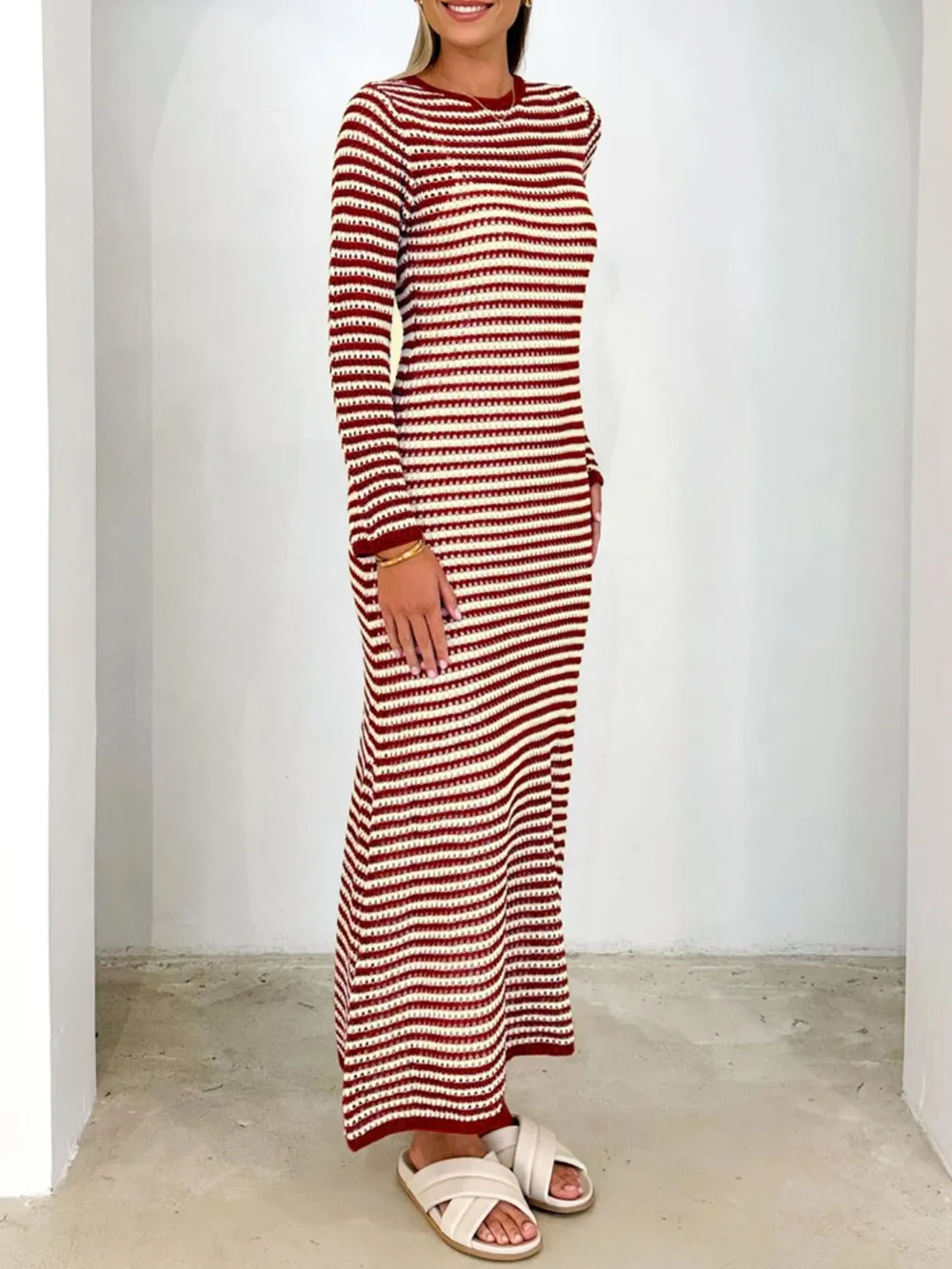 Tied Round Neck Striped Sweater Dress, image 12