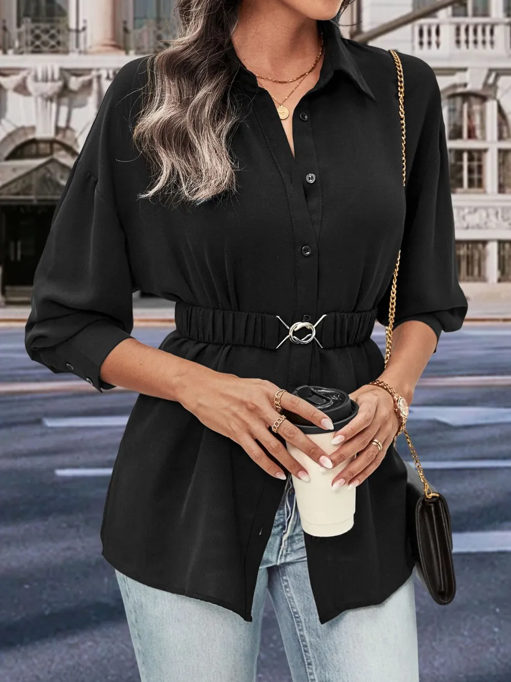 Collared Neck Button Down Long Sleeve Shirt, image 3