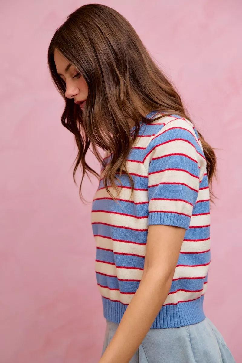 Stripe Knit Crew Neck Short Sleeves Sweater Top, image 15