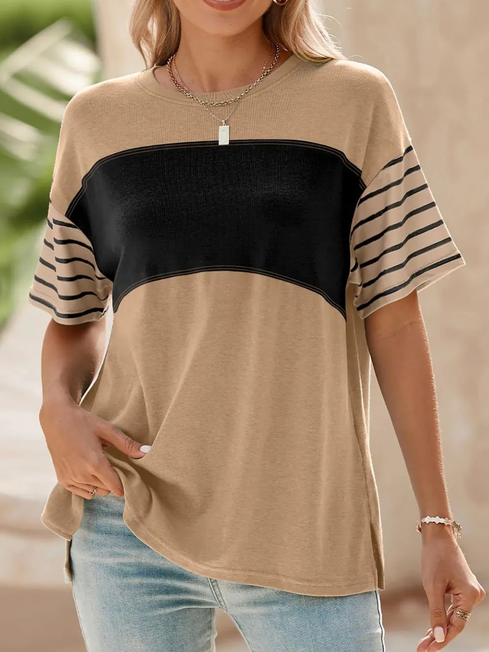 Color Block Striped Sleeve Casual T-Shirt, image 19