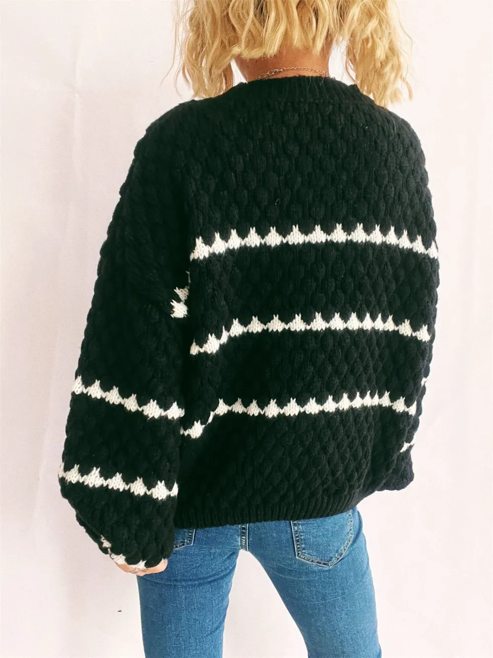 Contrast Stripes Round Neck Long Sleeve Sweater, image 10