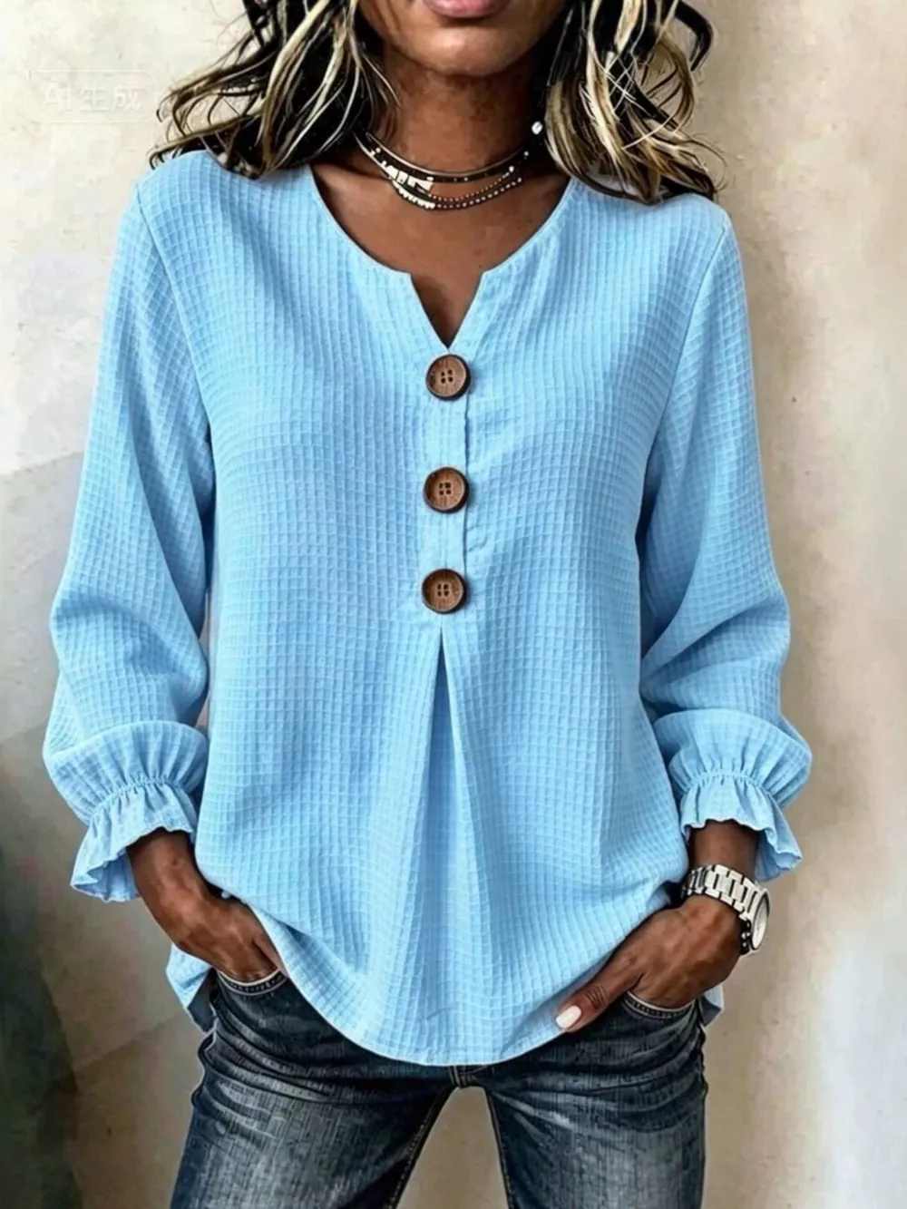 Full Size Waffle Knit Flounce Sleeve Blouse Plus Size, image 7