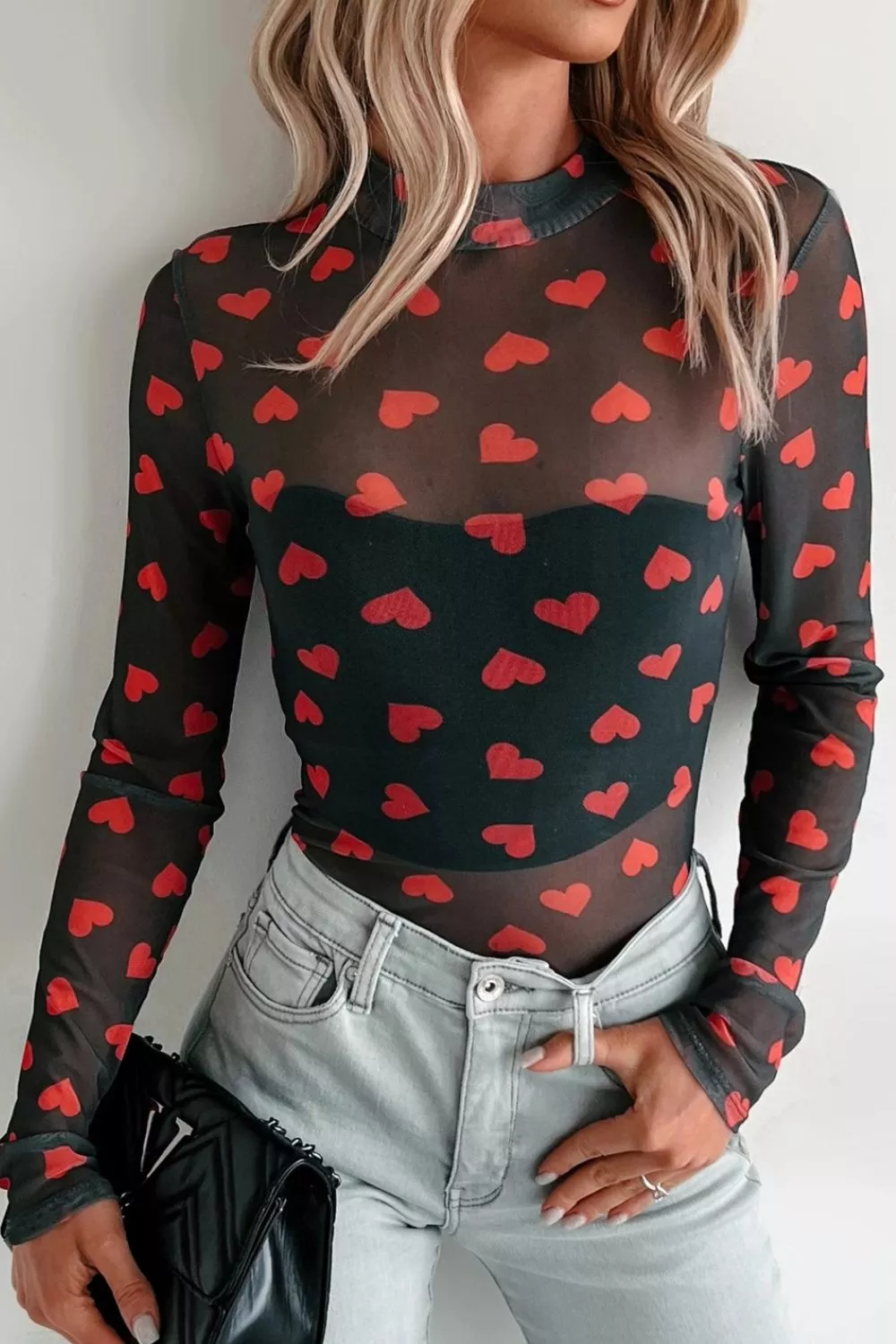 Valentines Heart Printed Sheer Mesh Long Sleeve Top, image 7