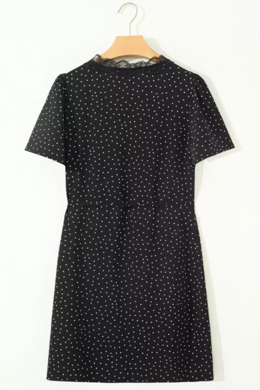 Polka Dot Print Lace Trim Wrap Mini Dress, image 7