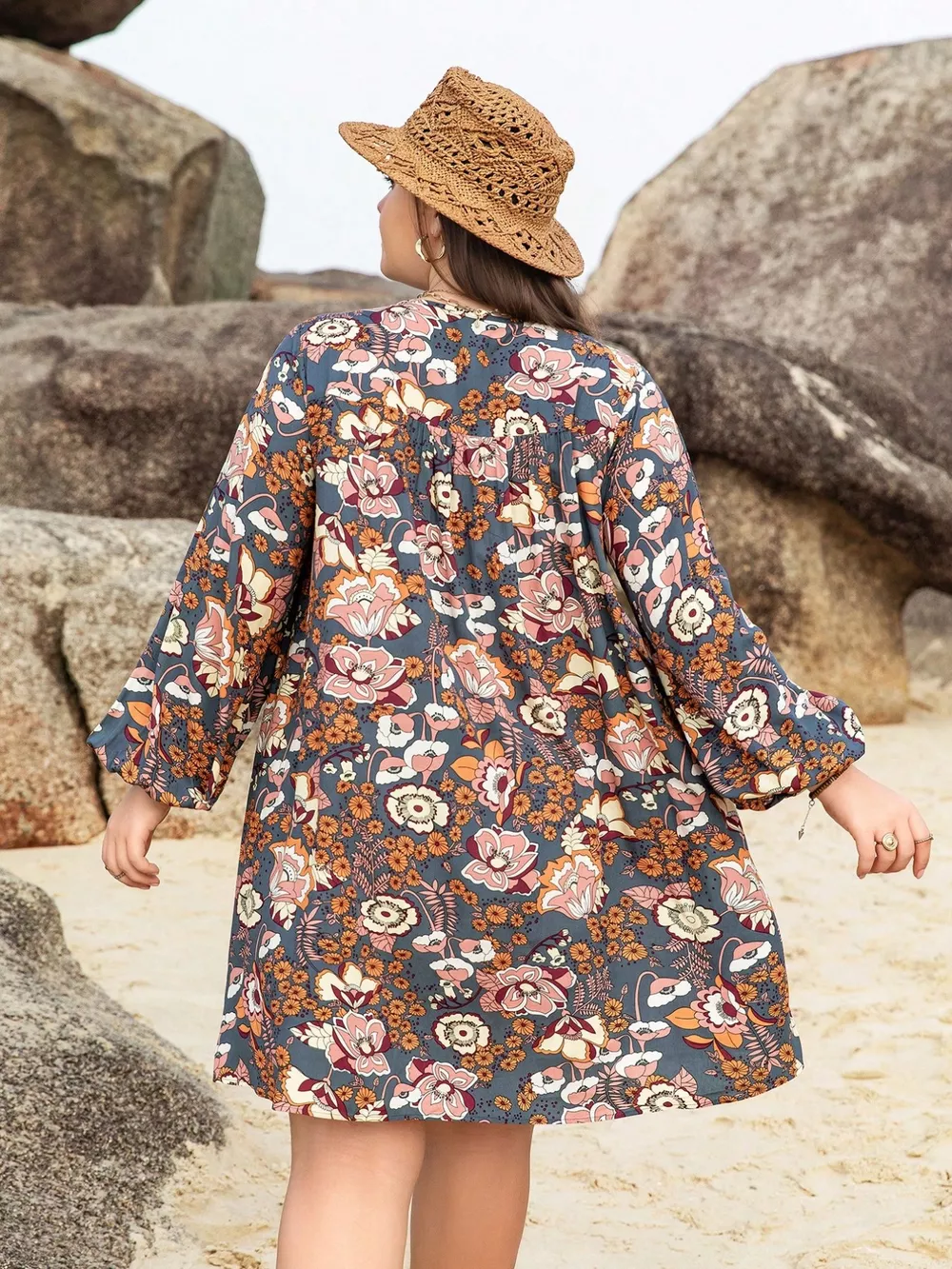 Plus Size Floral Print Long Sleeve Mini Dress, image 3