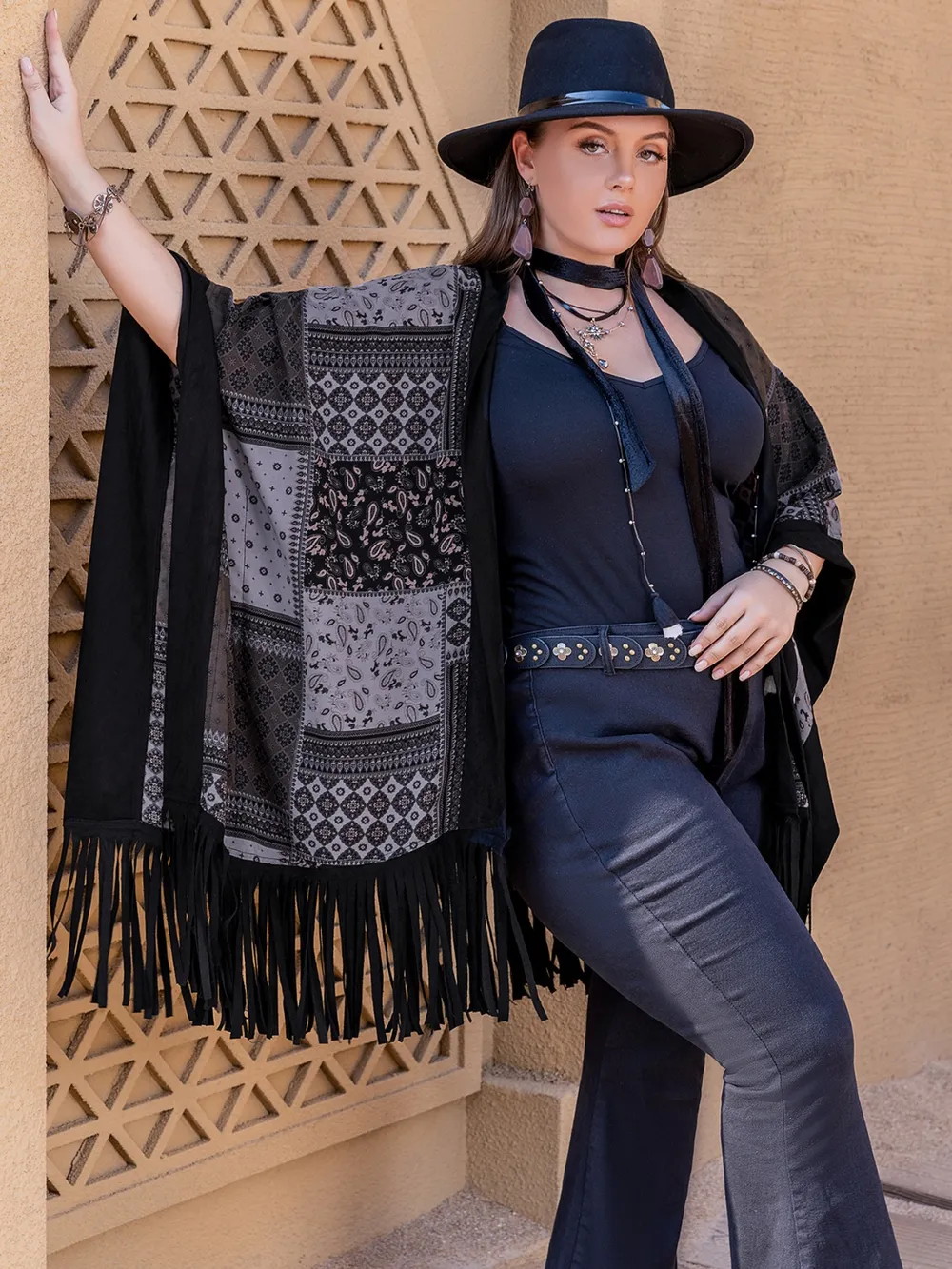 Plus Size Printed Fringe Open Front Outerwear, image 5