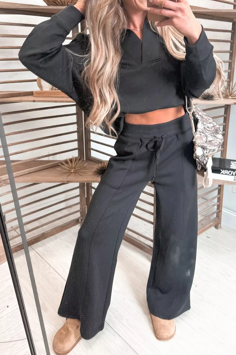 Collared V Neck Pullover Sweatshirt Sweatpants Set, image 2