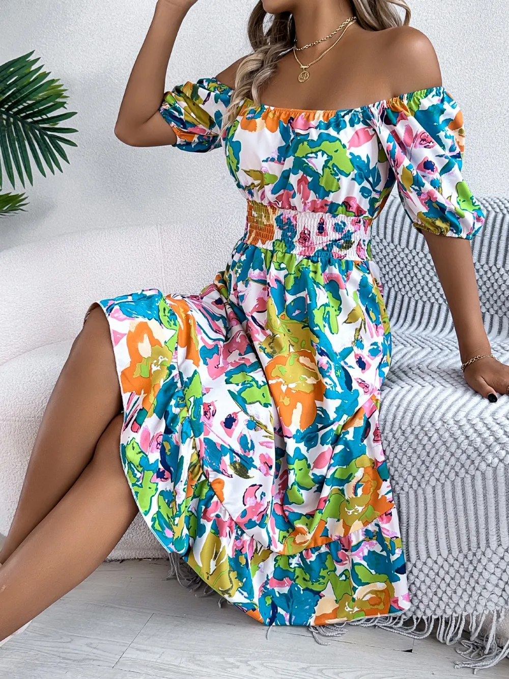 Ruffled Hem Smocked Floral Short Sleeve Midi Dress, image 7