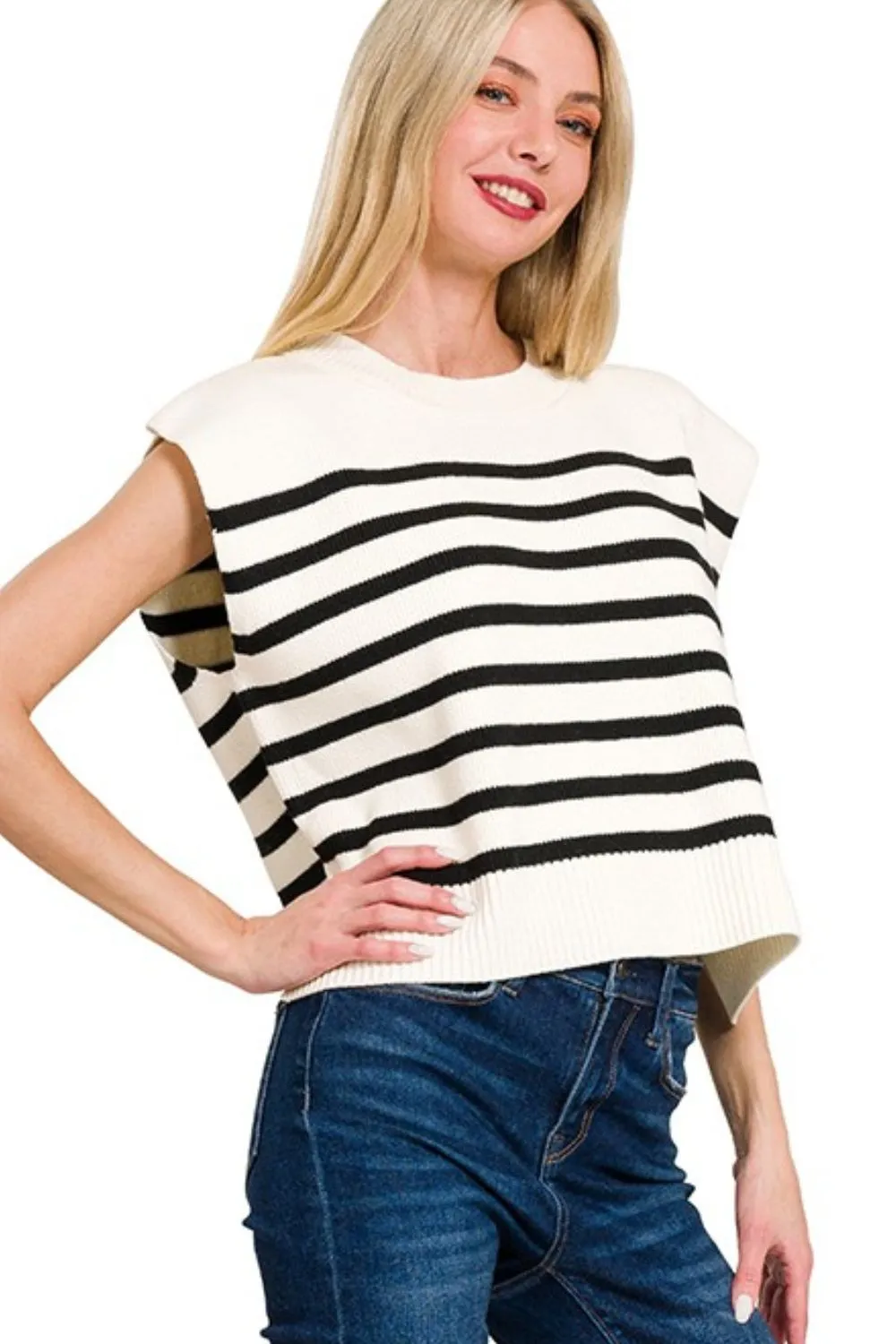 Oversized Crew Neck Stripe Sweater Vest, image 2
