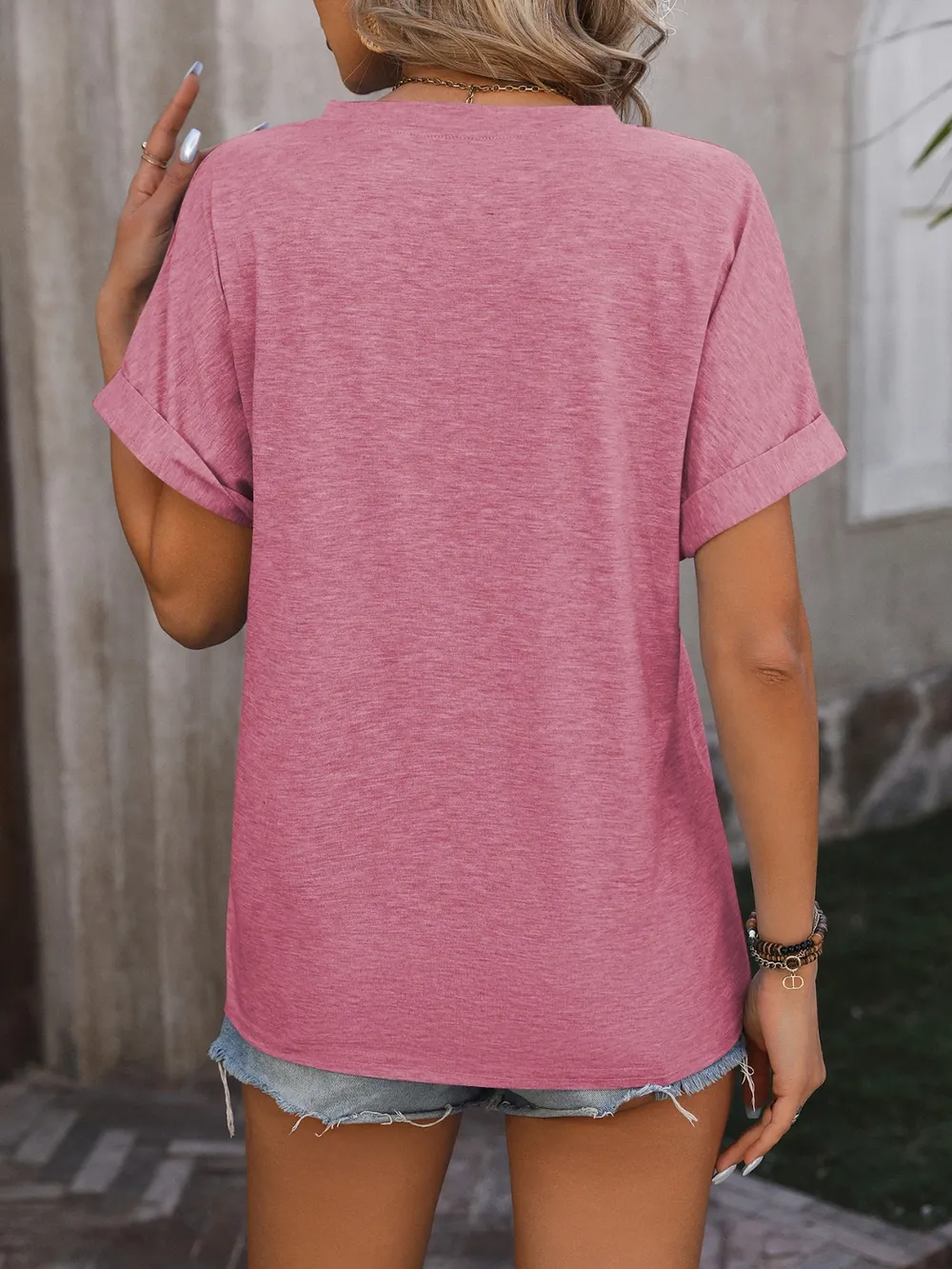 Notched Buttoned Short Sleeve T-Shirt, image 16