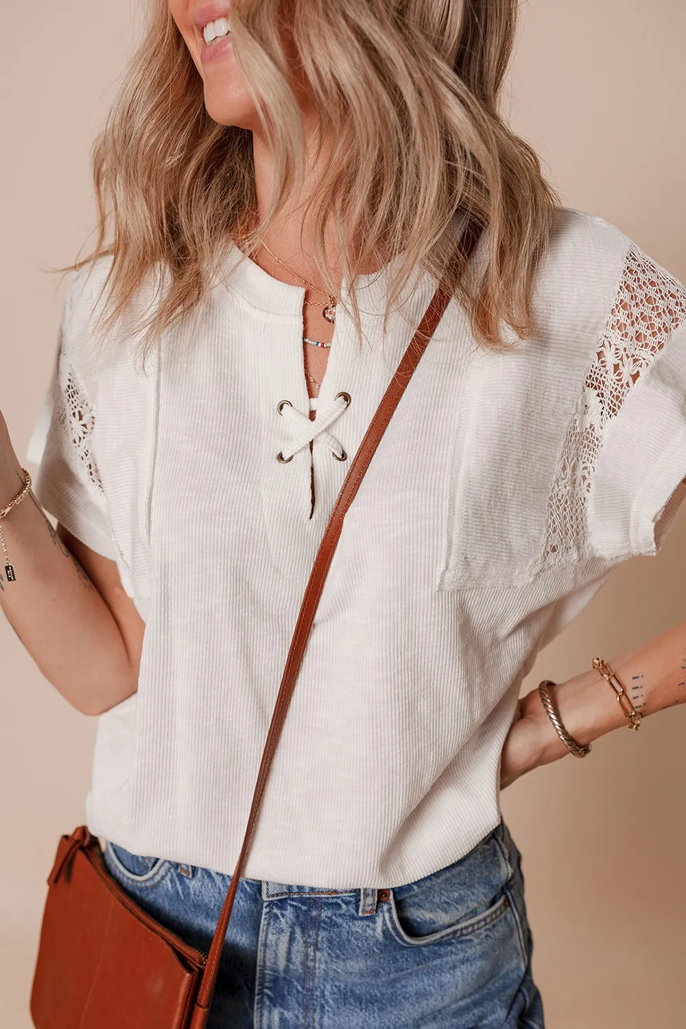 Ribbed Texture Lace Patchwork Short Sleeve Top, image 4