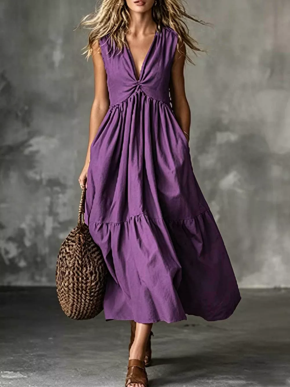 V-Neck Twisted Tiered Midi Dress, image 7