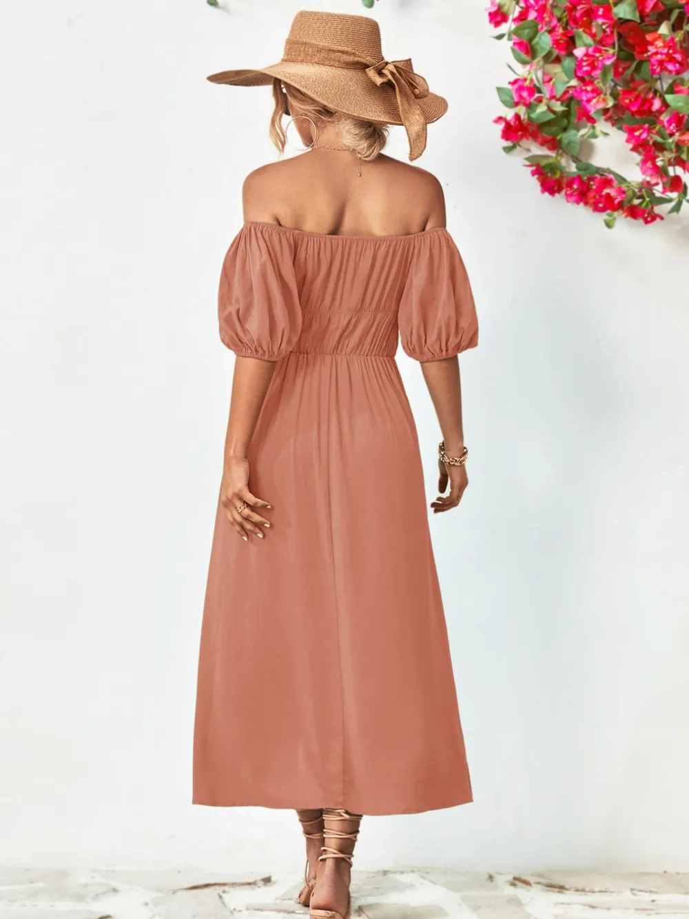 Off-Shoulder Puff Sleeve Smocked Maxi Dress, image 10