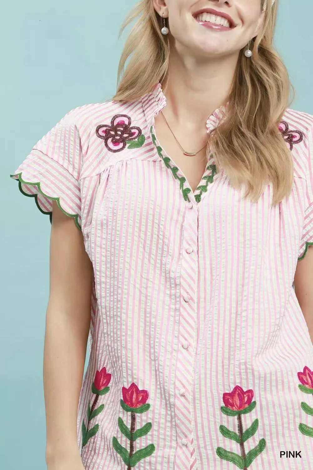 Embroidered Stripe Button Front Top
