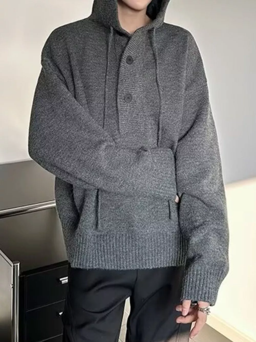 Men's Plus Size Hooded Button Detail Knit Sweater, image 4