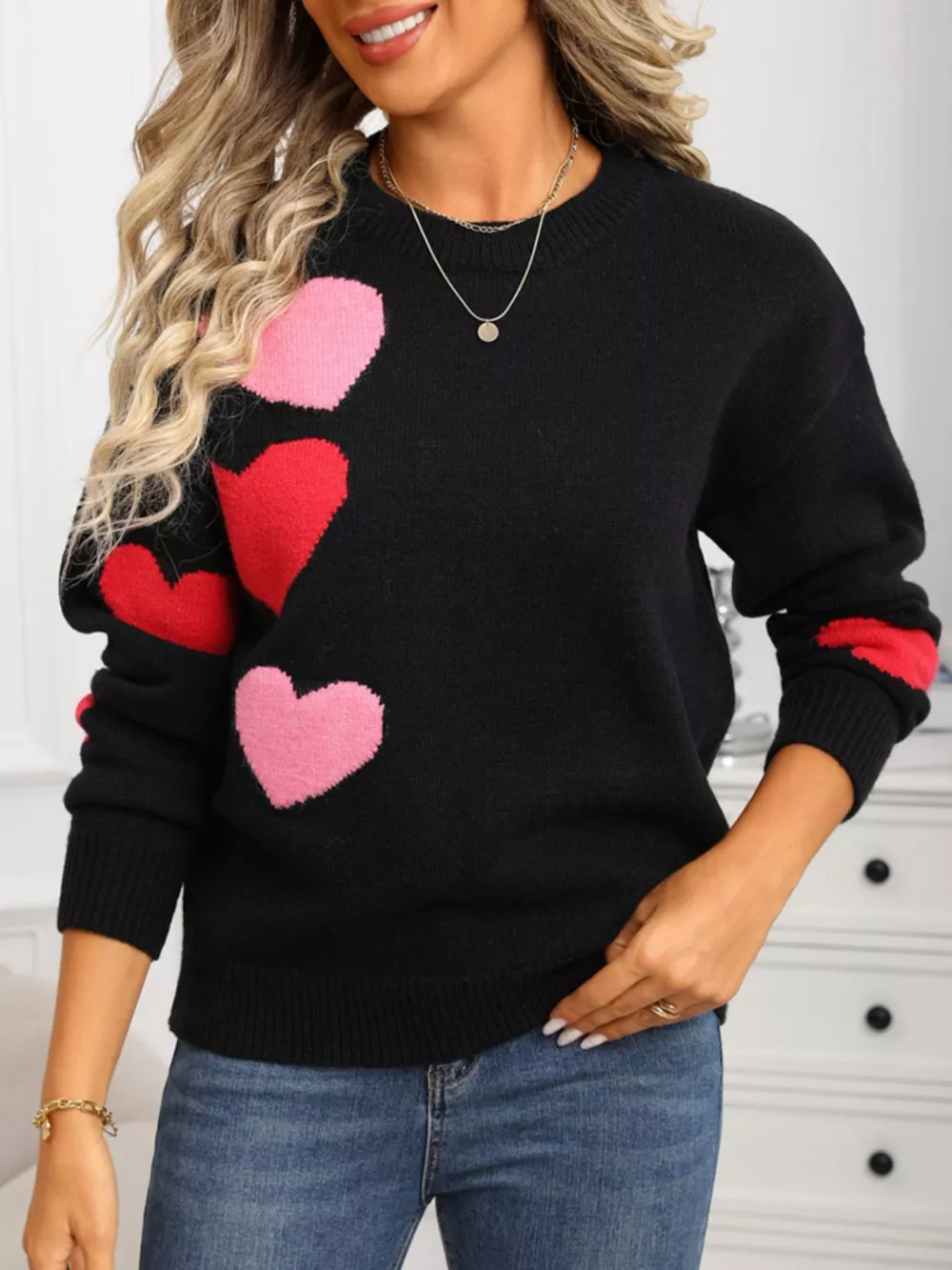 Valentine's Day Heart Pattern Round Neck Sweater, image 6