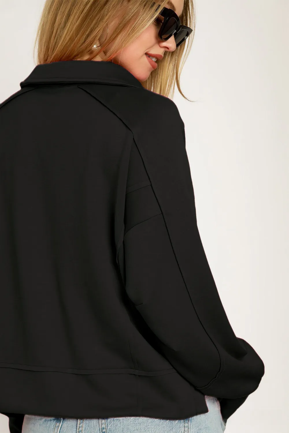 Collared Neck Long Sleeve Top with Raw Hem Detail, image 3