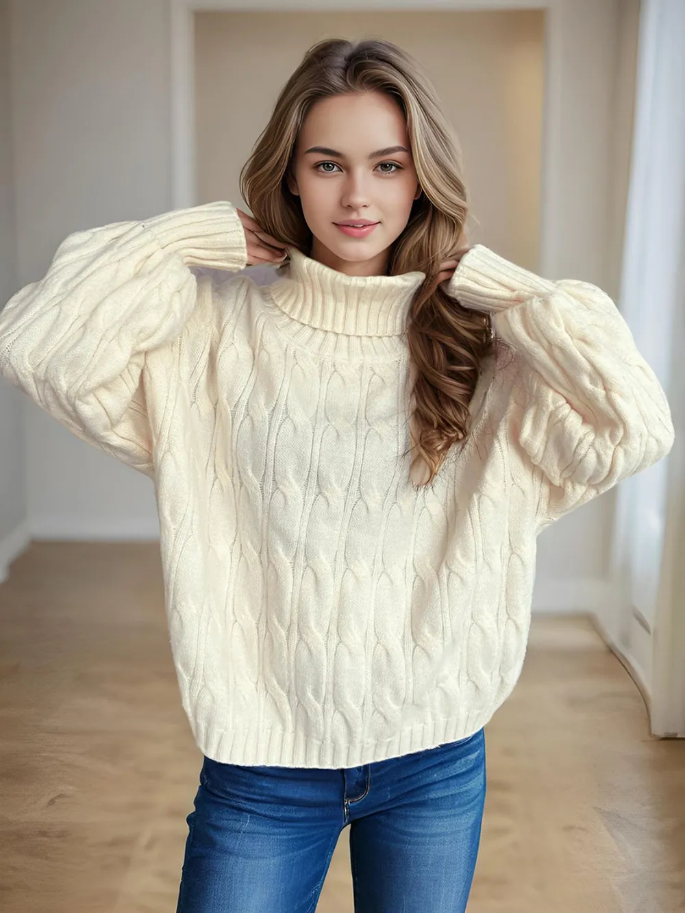 Cable-Knit Turtleneck Long Sleeve Sweater, image 19
