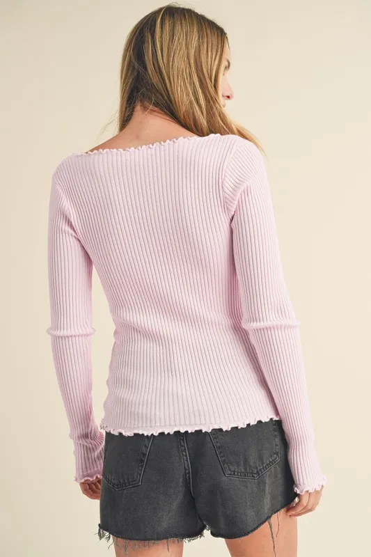 Lettuce Hem Scoop Neck Long Sleeve Knit Top, image 3