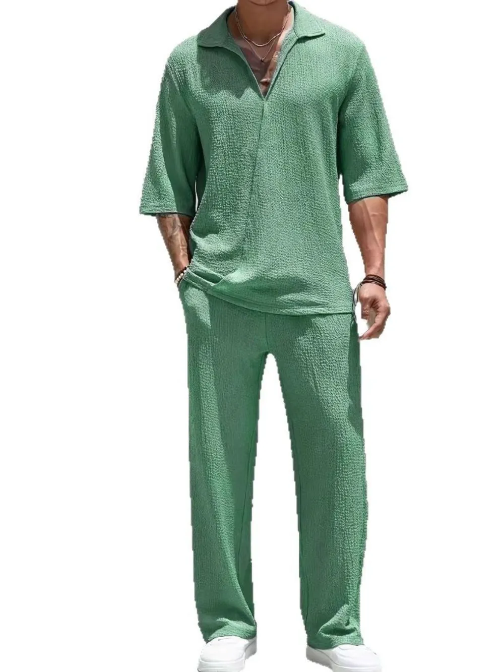 Men's Johnny Collar Half Sleeve Top and Pants Set, image 3