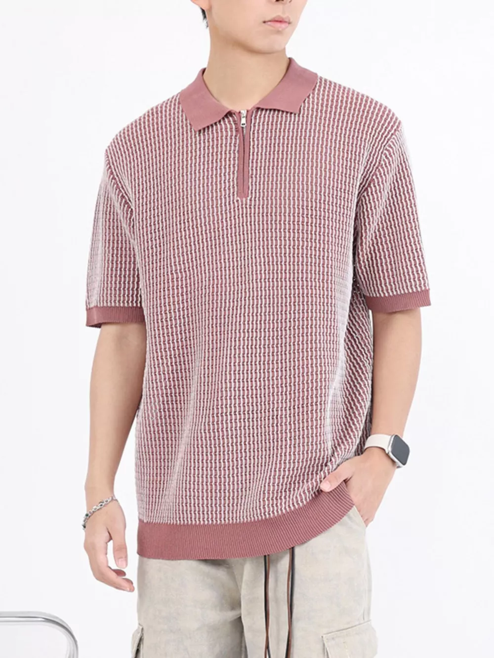 Men's Plus Size Striped Knitted Zip-Up Polo, image 3